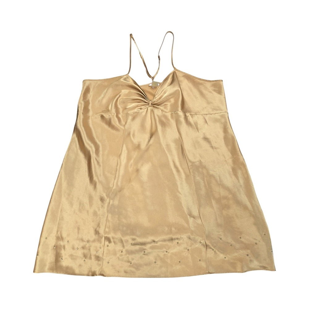 Gold Satin Babydoll Cami Slip Dress Embroidery Hem Plus Size 3X 90s minimalism